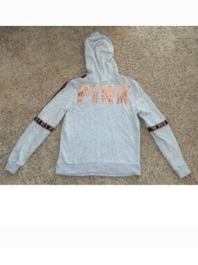 Victorias Secret PINK Jacket Womens M Zip Up Gray Gold Sequin Hoodie
